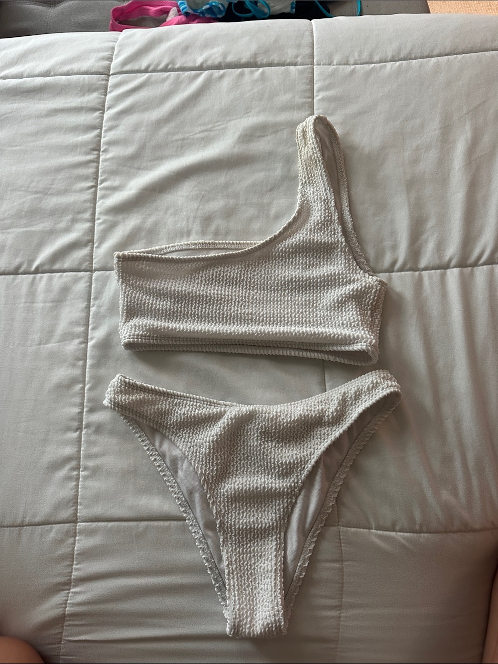 Asymmetric Cream Textured Bandeau Bikini Set